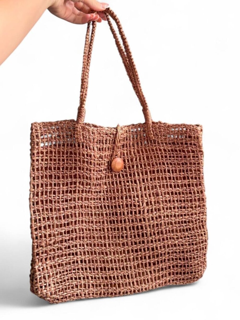 Brown woven crochet lightweight tote bag with wooden button detail     Vintage y
